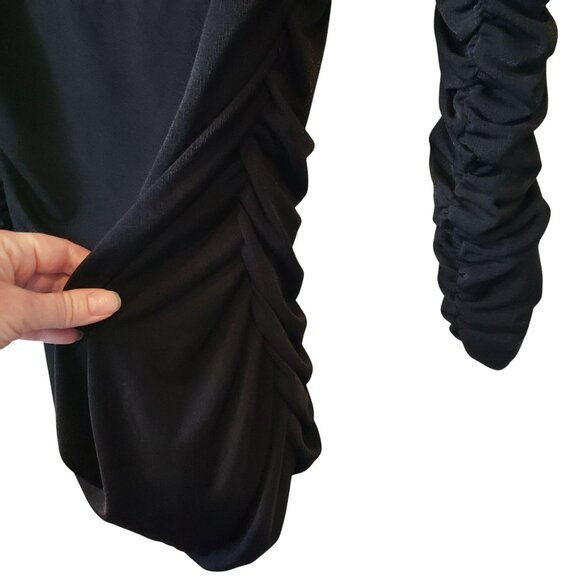 Aliette Black Ruched Bodycon Mini Dress Long Sleeve Stretchy Glam Chic Cocktail - Picture 8 of 13